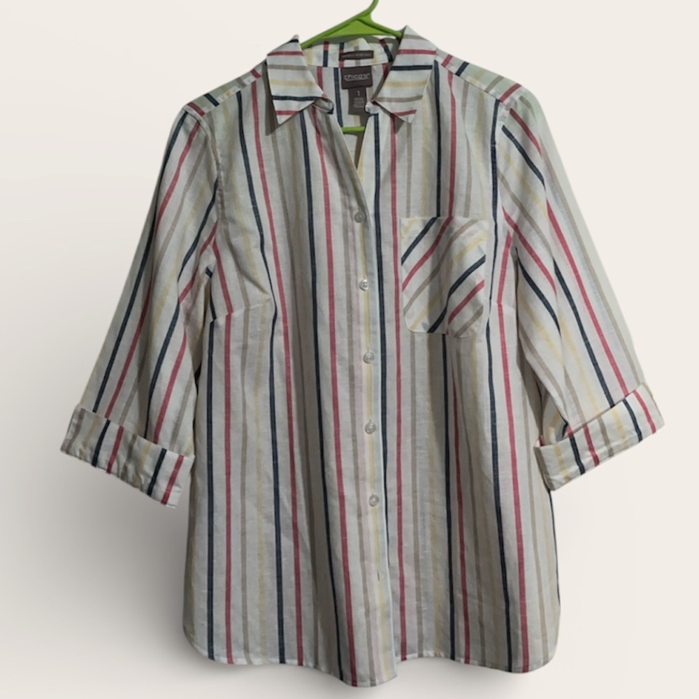 Chico’s Women’s Stripe Multi Linen Blend Button Down 3/4 Sleeve Shirt Sz-M